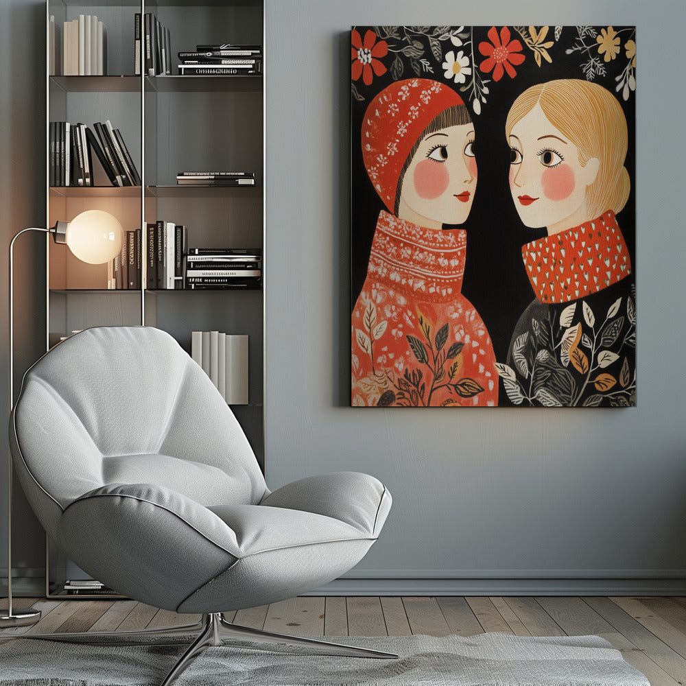 An illustrative folk art style portrait of two women facing each other against a black background. The woman on the left wears a red patterned cap and sweater, while the one on the right has blonde hair and a sweater with a red patterned collar. Red, white, and yellow flowers hang above them. Print