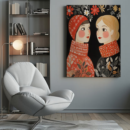 An illustrative folk art style portrait of two women facing each other against a black background. The woman on the left wears a red patterned cap and sweater, while the one on the right has blonde hair and a sweater with a red patterned collar. Red, white, and yellow flowers hang above them. Print