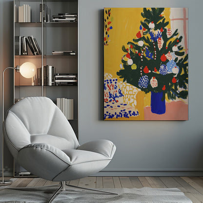 A vibrant, modern painting of a decorated Christmas tree in an expressive, painterly style. The dark green tree, adorned with red, white, and blue ornaments, stands in a cobalt blue vase against a bright yellow wall, with a patterned chair in the foreground. Artwork