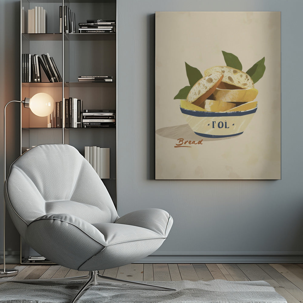 A poster or art print featuring a loaf of bread, possibly with a textured crust and a warm tone. Print