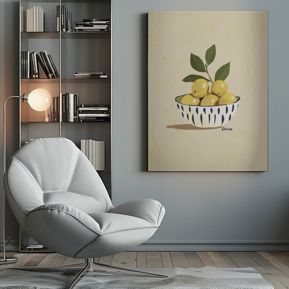 A framed still life illustration of a white bowl with a blue vertical dash pattern, filled with yellow lemons and a leafy green branch. The artwork is set against a textured, cream-colored background and is signed 'Olive' near the bowl. Print