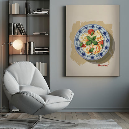 A vintage-style illustration of a plate of ravioli garnished with fresh basil and cherry tomatoes. The dish is served on a decorative blue and white patterned plate against a cream and beige background. The word 'Ravioli' is written in a cursive script at the bottom right. Print