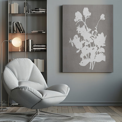 A minimalist piece of framed wall art featuring a stark white silhouette of a bouquet of flowers against a textured, solid gray background, enclosed in a thin black frame. Print