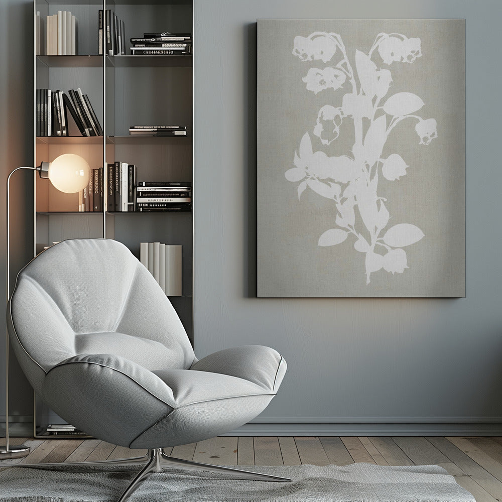 A minimalist botanical artwork in a black frame, showing a white silhouette of a Lily of the Valley stalk against a muted, textured grey-beige background. Wall Art