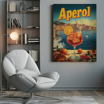 A vintage-style poster advertising Aperol, featuring a close-up of a vibrant orange Aperol Spritz cocktail in a large wine glass, garnished with an orange slice. In the background, a picturesque Italian coastal town sits by a deep blue sea with boats, under a sunny sky with fluffy clouds. The word 'Aperol' is written in large, bold yellow letters at the top. Print