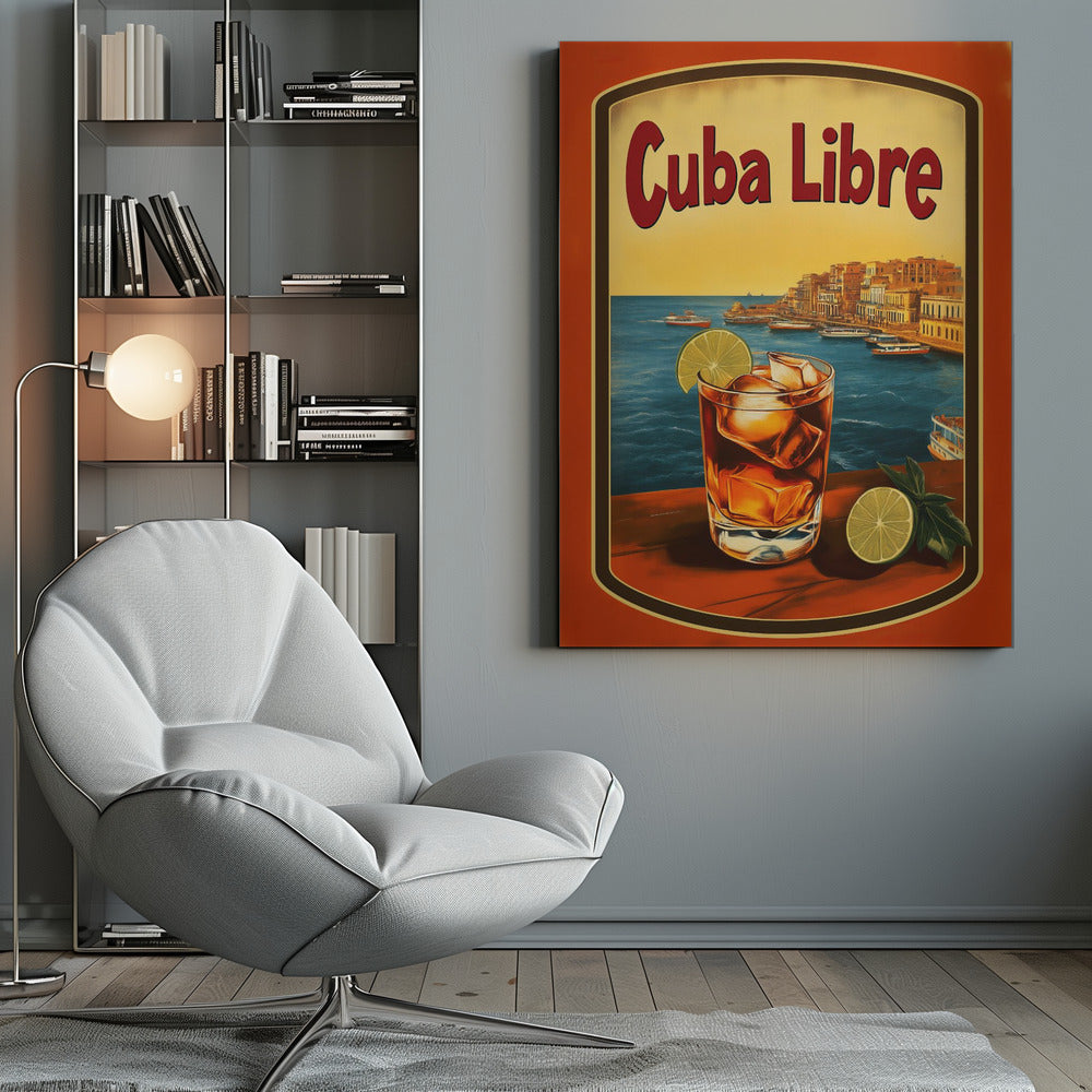 A vintage-style poster advertising a 'Cuba Libre' cocktail. In the foreground, a glass of the dark-colored drink with ice and a lime wedge sits on a wooden surface. In the background is a scenic view of a Cuban coastal city with boats in the blue harbor and a warm yellow sunset sky. Wall Art