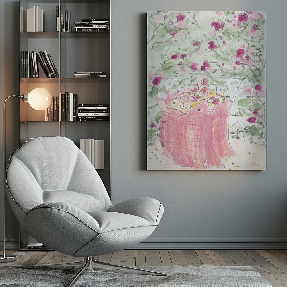 A whimsical watercolor illustration of a romantic garden scene. A table for two is set with a pink plaid tablecloth, glasses of wine, and scattered flowers, surrounded by white chairs and a backdrop of climbing pink roses. Poster