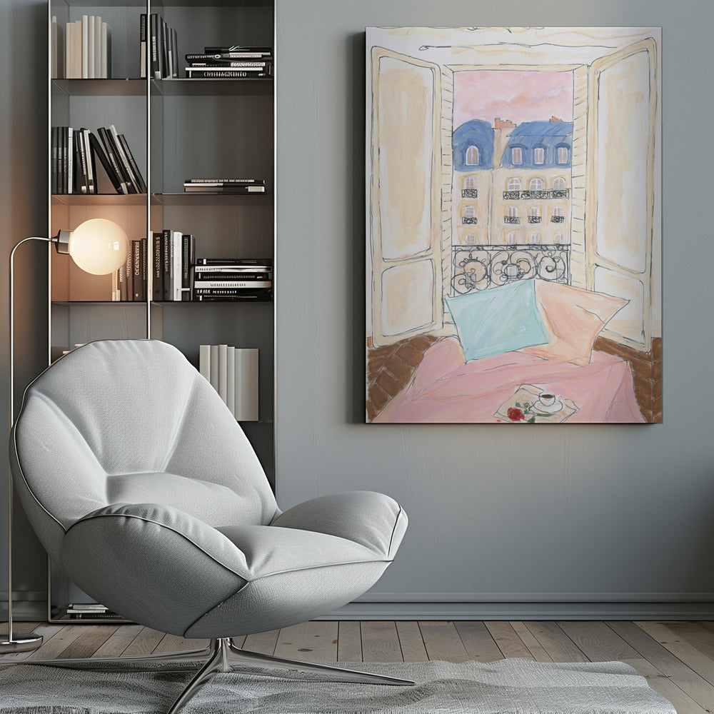 A watercolor illustration of a view from an open window in Paris. In the foreground, a cozy nook with a pink blanket, a blue pillow, a cup of coffee, and a red rose. Outside, traditional Parisian apartment buildings with blue mansard roofs are visible under a soft pink sky. Print