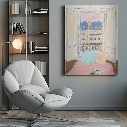 A watercolor illustration of a view from an open window in Paris. In the foreground, a cozy nook with a pink blanket, a blue pillow, a cup of coffee, and a red rose. Outside, traditional Parisian apartment buildings with blue mansard roofs are visible under a soft pink sky. Print