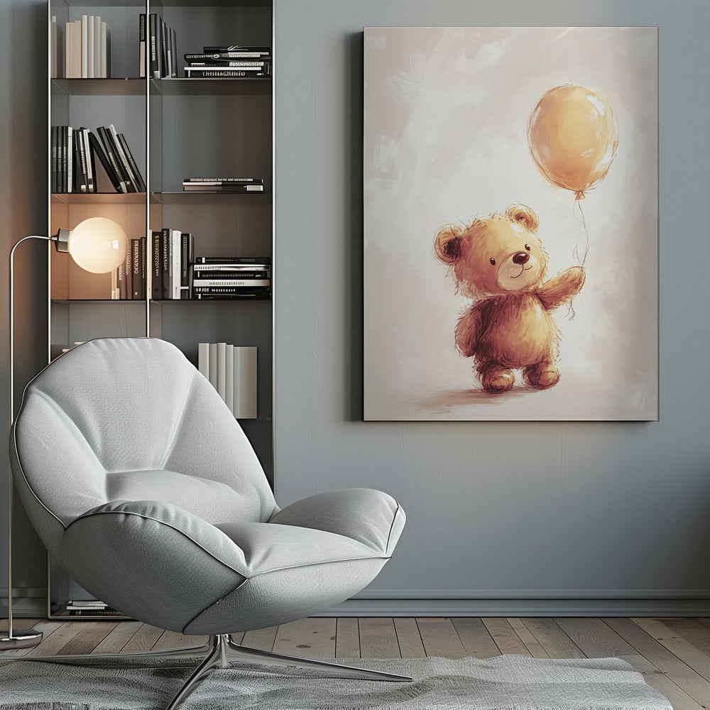A charming watercolor-style illustration of a fluffy brown teddy bear standing and holding the string of a single yellow balloon against a soft, light beige background. Artwork