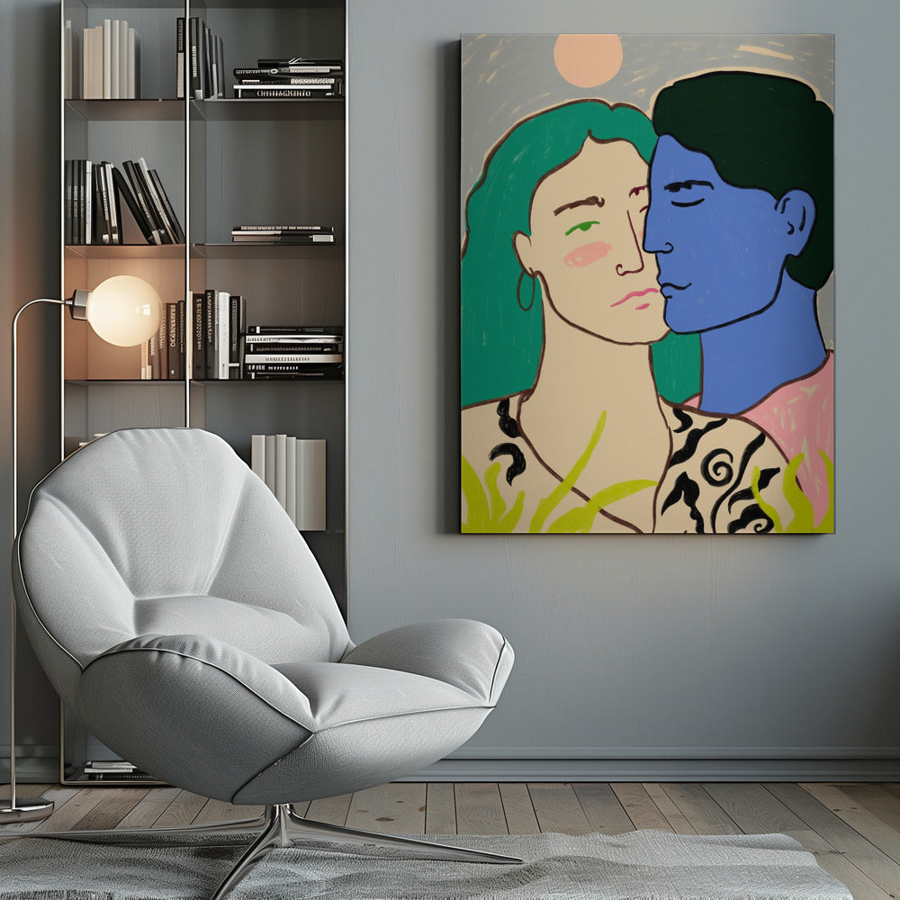 A modern art painting of a couple in an embrace. A woman with long green hair looks forward with a pensive expression, while a man with blue skin and dark hair leans in to kiss her cheek. The background is a soft blue with a pale pink sun, and green foliage is in the foreground. Artwork