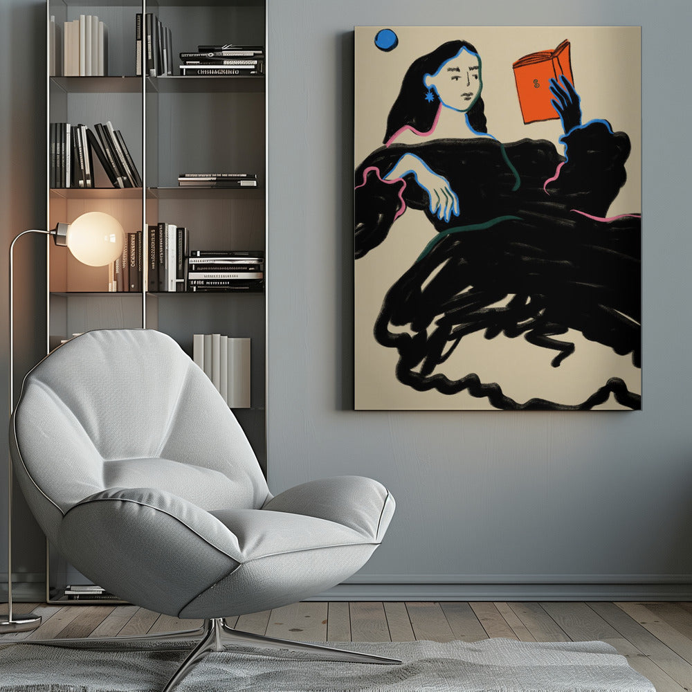 A stylized illustration of a woman with long black hair wearing a voluminous black dress, outlined in blue and pink. She is reclining while reading a bright orange book, set against a cream-colored background with a blue circle in the corner. Print