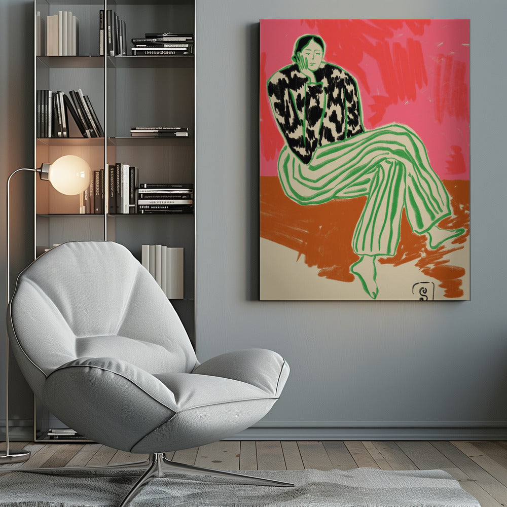 A colorful, stylized illustration of a person sitting in a relaxed, thoughtful pose with their head resting on their hand. They are wearing a black and white cow-patterned shirt and loose green-and-white striped pants. The background is a vibrant abstract blend of pink and red. Artwork