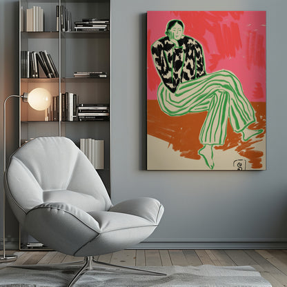 A colorful, stylized illustration of a person sitting in a relaxed, thoughtful pose with their head resting on their hand. They are wearing a black and white cow-patterned shirt and loose green-and-white striped pants. The background is a vibrant abstract blend of pink and red. Artwork