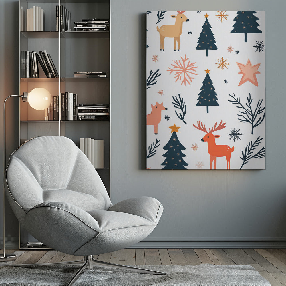 A festive holiday pattern on a white background featuring stylized illustrations of dark teal Christmas trees, orange and beige reindeer, and snowflakes in shades of orange and teal. Decor