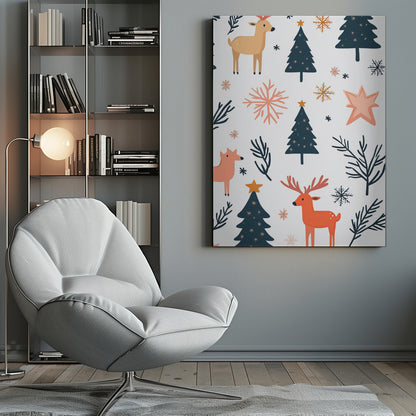 A festive holiday pattern on a white background featuring stylized illustrations of dark teal Christmas trees, orange and beige reindeer, and snowflakes in shades of orange and teal. Decor