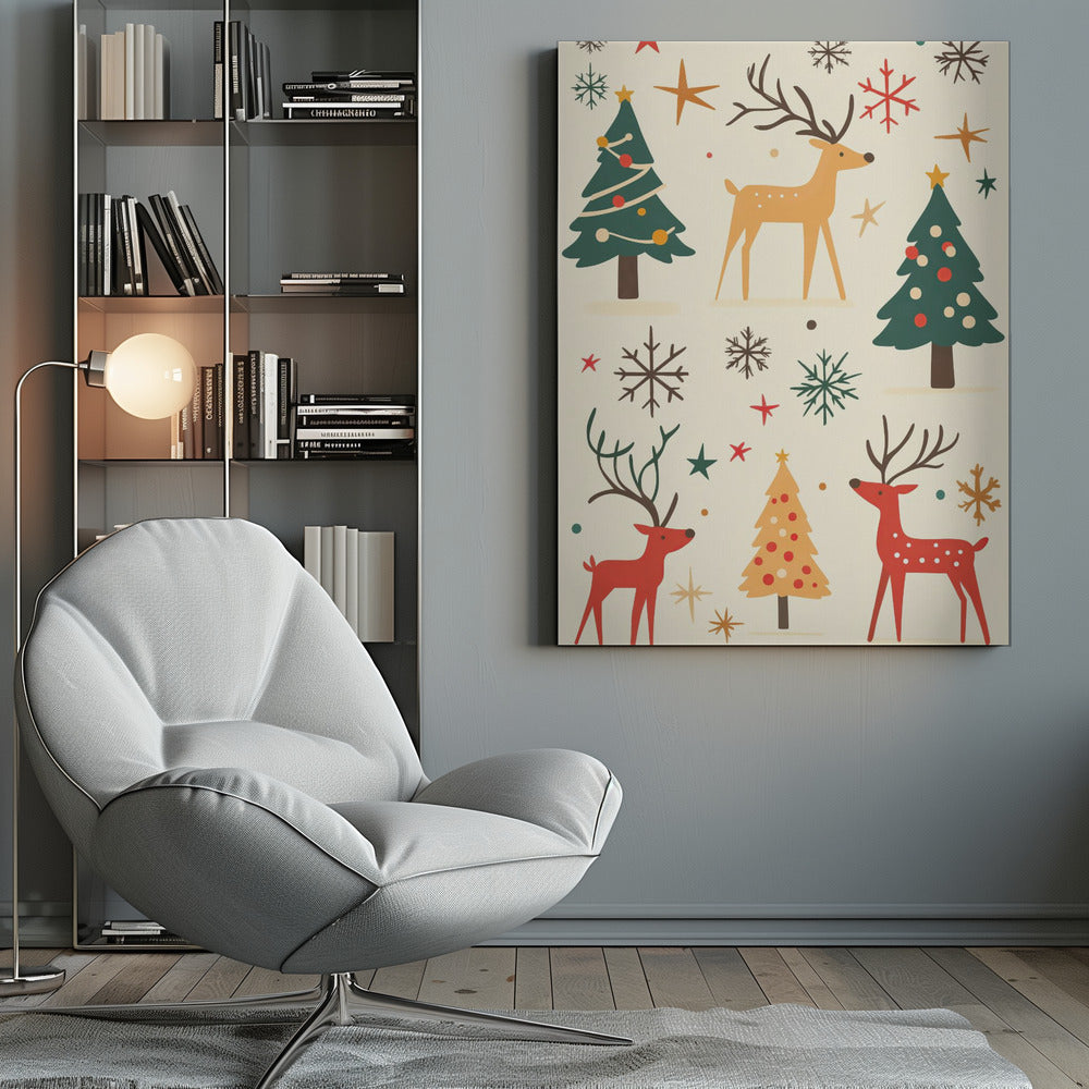 A retro-style holiday illustration featuring stylized red and tan reindeer, green and yellow Christmas trees, and various colorful snowflakes and stars scattered across a cream background. Artwork