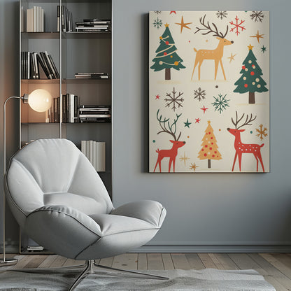 A retro-style holiday illustration featuring stylized red and tan reindeer, green and yellow Christmas trees, and various colorful snowflakes and stars scattered across a cream background. Artwork