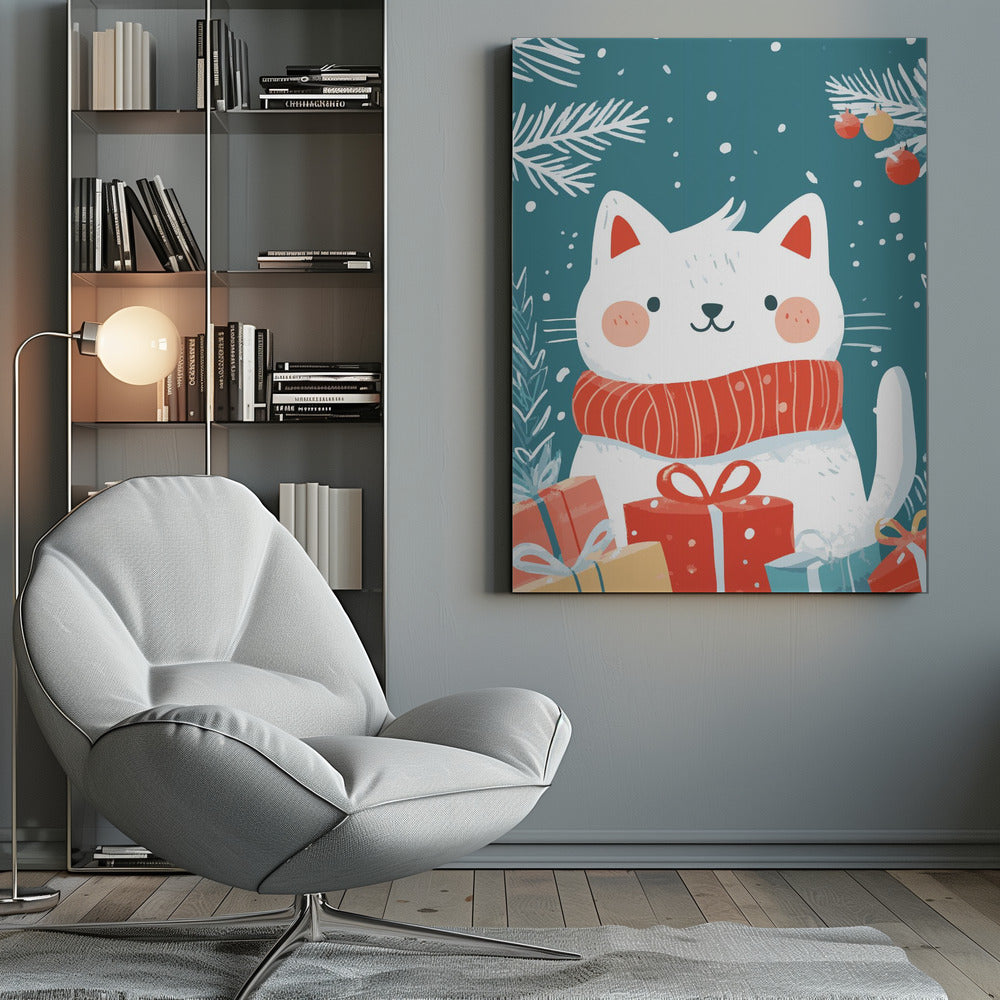 A cute cartoon illustration of a white cat with rosy cheeks wearing a cozy red scarf. The cat is surrounded by colorful wrapped Christmas gifts against a teal blue background with falling snow and white pine branches. Print