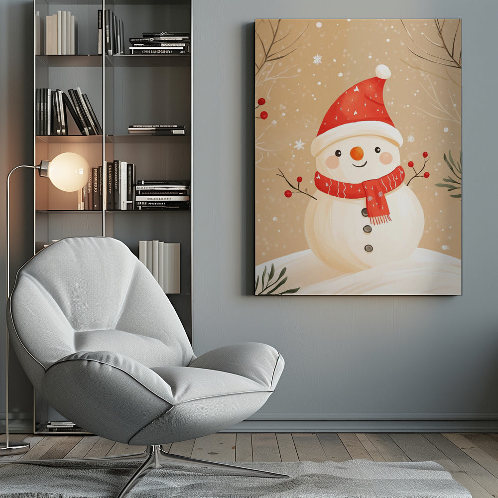 A watercolor-style illustration of a cute, smiling snowman wearing a red Santa hat and a matching red scarf. The snowman has stick arms with red berries, a carrot nose, and is set against a tan background with falling snow and bare branches. Decor