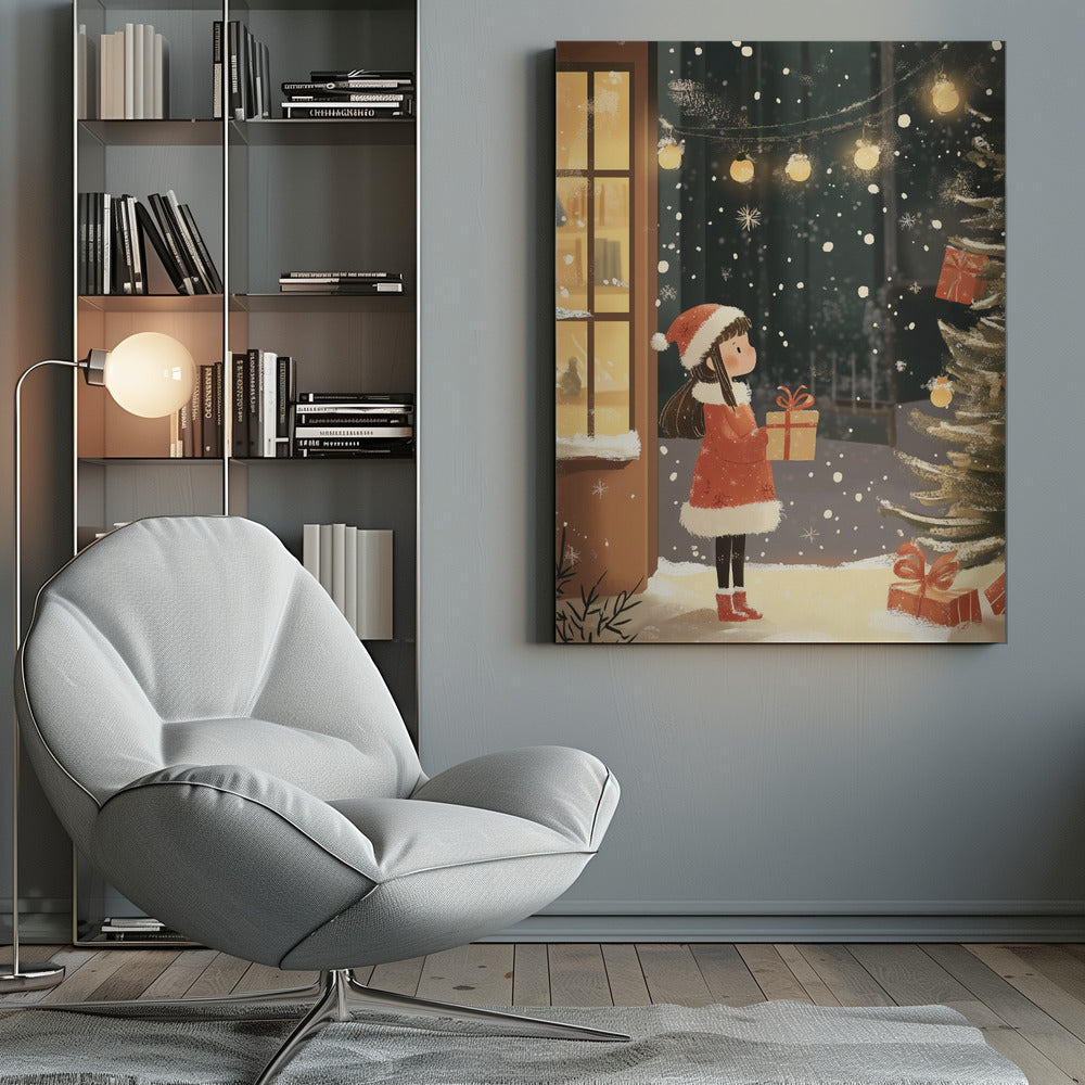 An illustration of a young girl in a red Santa coat and hat holding a gift, standing in the snow at night. She looks at a Christmas tree while snow falls around her, illuminated by string lights and the warm glow from a nearby window. Artwork