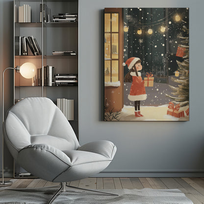 An illustration of a young girl in a red Santa coat and hat holding a gift, standing in the snow at night. She looks at a Christmas tree while snow falls around her, illuminated by string lights and the warm glow from a nearby window. Artwork