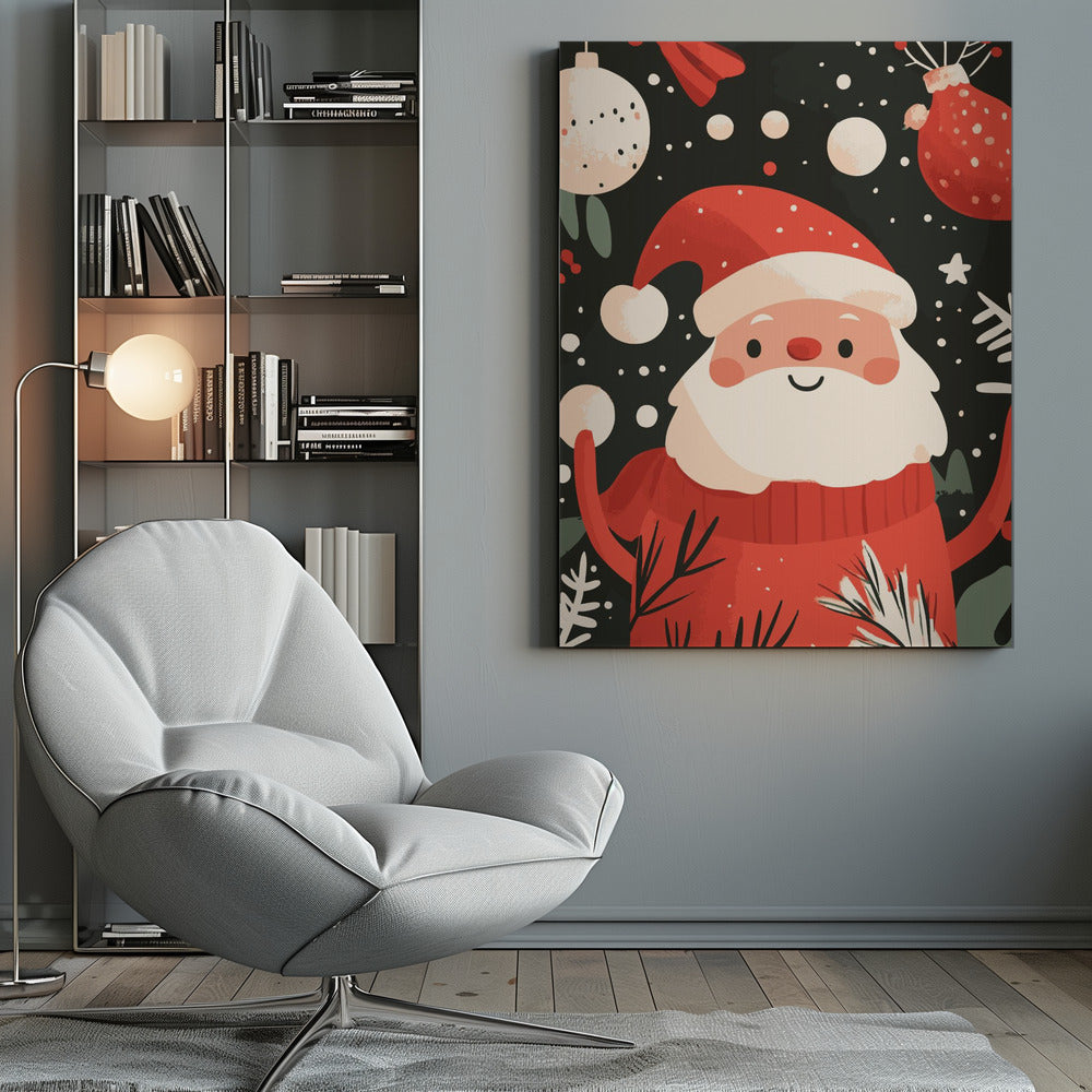 A charming, cartoon-style illustration of a smiling Santa Claus in a red sweater and hat, set against a dark, snowy background with festive ornaments and foliage. Decor