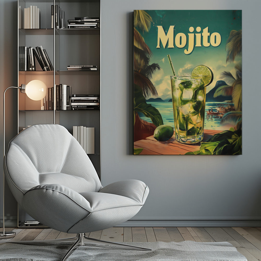 A vintage-style travel poster advertising a Mojito. A tall glass filled with the cocktail, ice, mint, and a lime wedge sits on a wooden table overlooking a tropical beach with palm trees and turquoise water. The word 'Mojito' is written in large, cream-colored letters at the top. Print