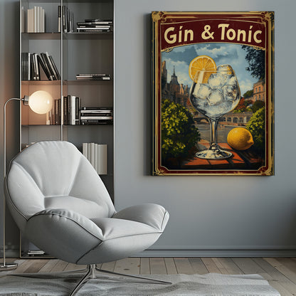 A vintage-style advertisement poster for 'Gin & Tonic'. In the foreground, a large balloon glass filled with ice and a lemon slice sits on a brick ledge overlooking a European cityscape with a river. A whole lemon rests beside the glass. The poster has a decorative red and gold border. Decor