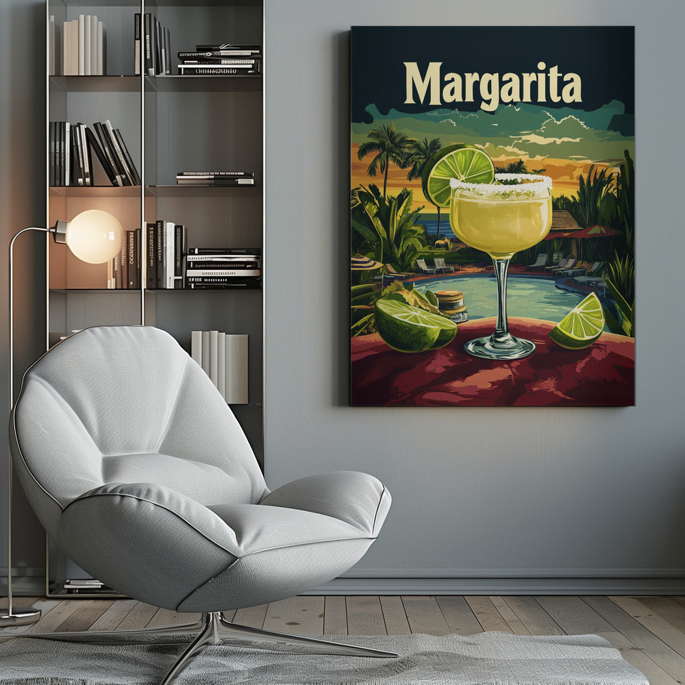 A vintage-style travel poster featuring a close-up of a salt-rimmed margarita cocktail with a lime garnish. The background depicts a scenic tropical resort at sunset with a pool, palm trees, and the ocean. The word 'Margarita' is written in a large, cream-colored font at the top. Artwork