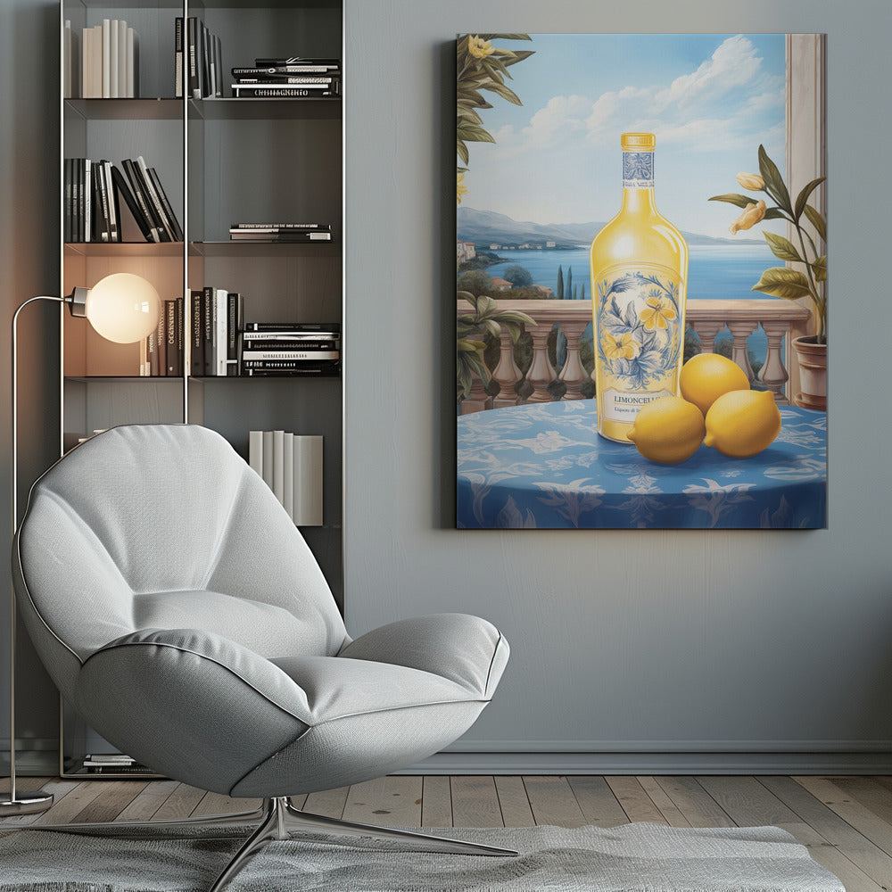 A vintage-style painting of a bottle of limoncello and three fresh lemons on a blue patterned tablecloth. The scene is set on a balcony with a stone balustrade, overlooking a serene blue sea and a picturesque coastal town under a bright sky. Poster