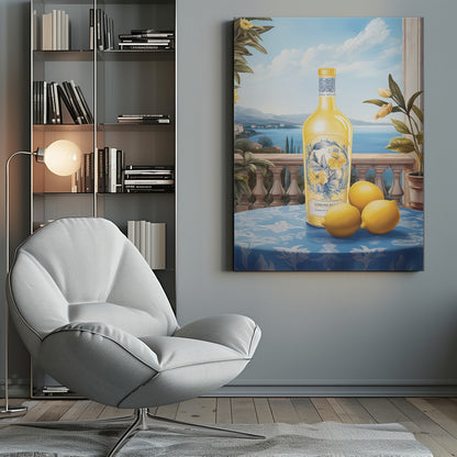 A vintage-style painting of a bottle of limoncello and three fresh lemons on a blue patterned tablecloth. The scene is set on a balcony with a stone balustrade, overlooking a serene blue sea and a picturesque coastal town under a bright sky. Poster