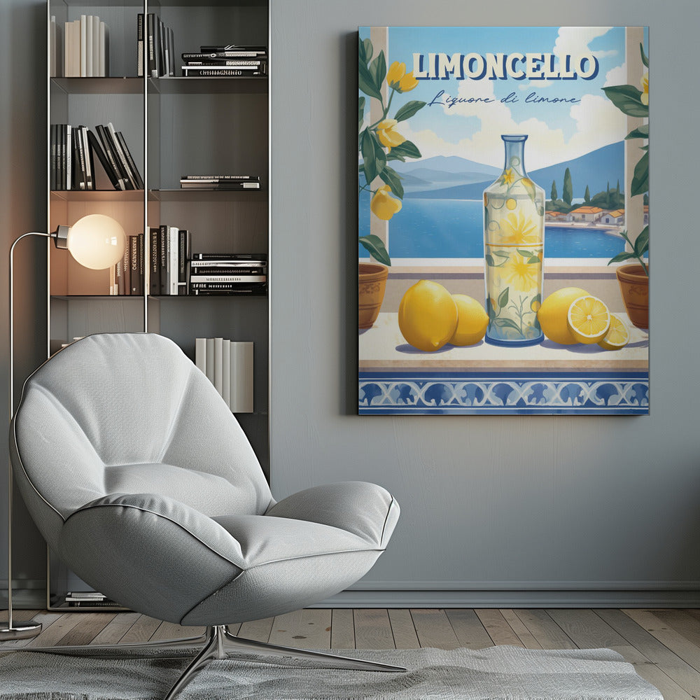A vintage-style art print advertising Limoncello. A decorative bottle and fresh lemons sit on a tiled ledge overlooking a scenic Italian coastal village and blue sea, framed by lemon branches. Artwork