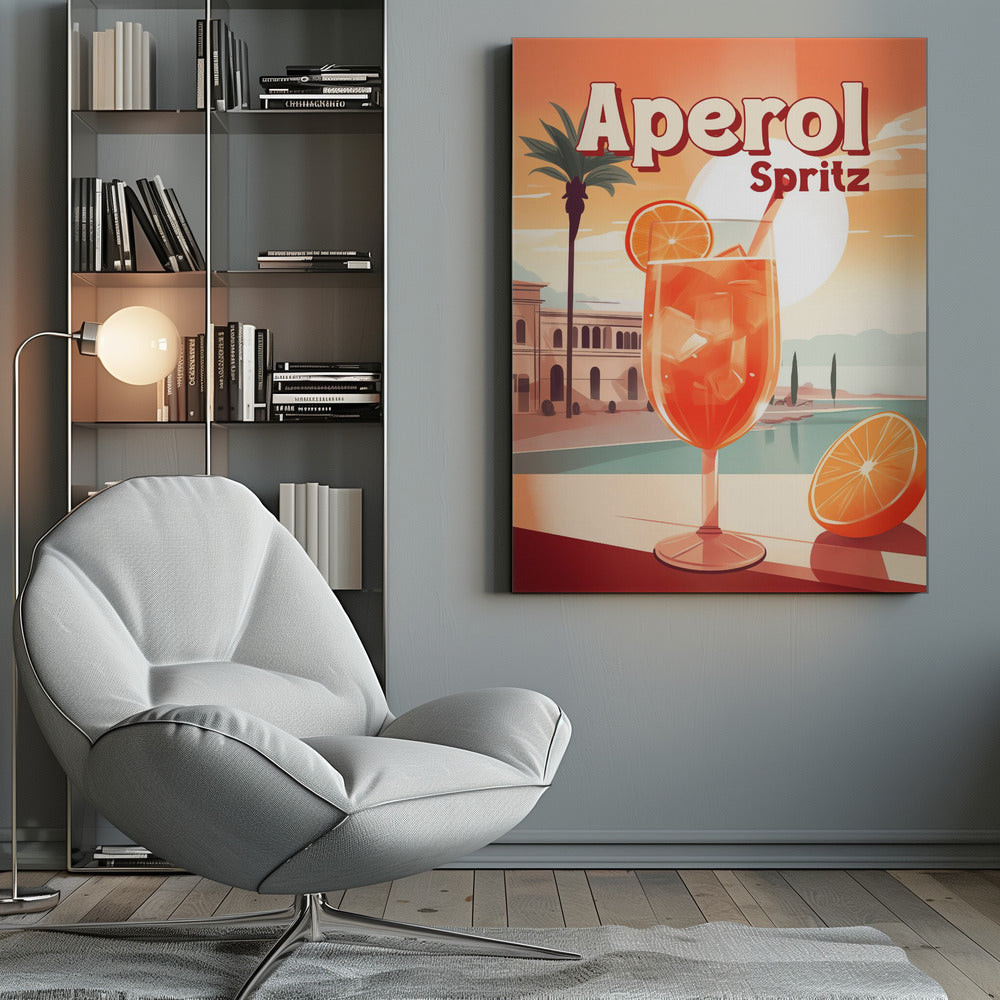 A vintage-style travel poster advertising Aperol Spritz. A large, inviting glass of the bright orange cocktail filled with ice and garnished with an orange slice sits in the foreground. The background features a sunny, idyllic Mediterranean scene with a palm tree, classic buildings, and a serene body of water under a large, pale sun. Wall Art
