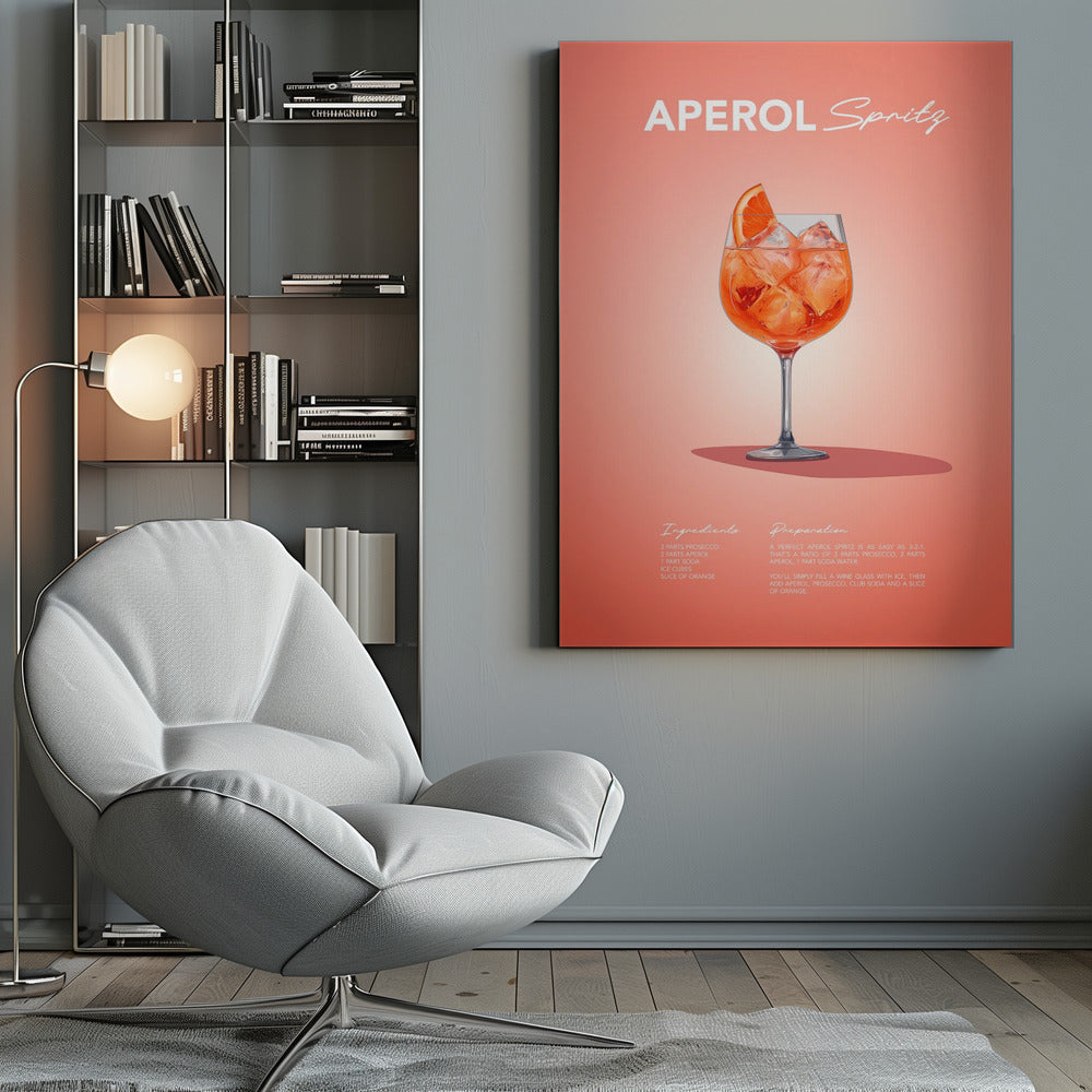 A minimalist art poster for an Aperol Spritz cocktail, featuring a detailed illustration of the vibrant orange drink in a wine glass, garnished with an orange slice. The poster has a salmon-pink background with the recipe's ingredients and preparation instructions at the bottom in a stylized white font. Print