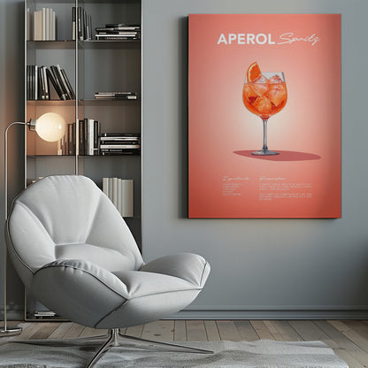 A minimalist art poster for an Aperol Spritz cocktail, featuring a detailed illustration of the vibrant orange drink in a wine glass, garnished with an orange slice. The poster has a salmon-pink background with the recipe's ingredients and preparation instructions at the bottom in a stylized white font. Print
