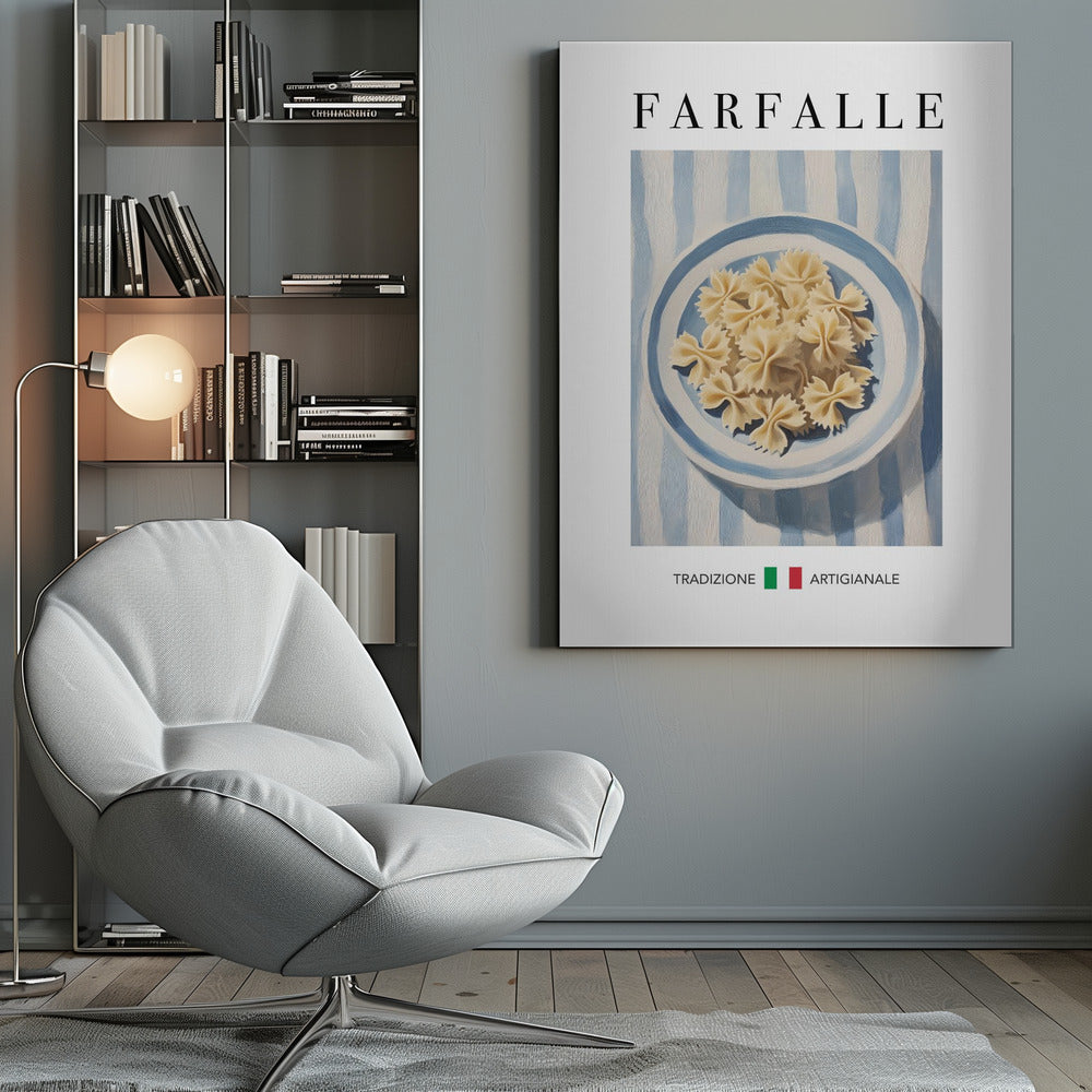 A vintage-style art print featuring a painted blue and white bowl of uncooked farfalle pasta. The bowl sits on a blue and white striped tablecloth. The word 'FARFALLE' is written in a large serif font at the top, and the Italian words 'TRADIZIONE ARTIGIANALE' are at the bottom, separated by green and red squares resembling the Italian flag. The artwork is enclosed in a thin black frame. Poster