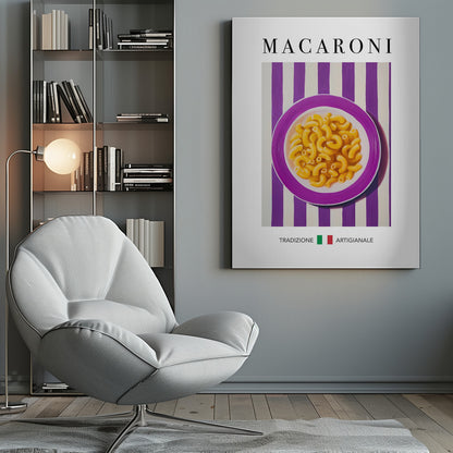 A framed art print of a modern painting depicting a purple plate of macaroni pasta. The plate is centered on a background of bold purple and white vertical stripes. The word 'MACARONI' is written in a large, black serif font at the top. At the bottom, the words 'TRADIZIONE' and 'ARTIGIANALE' are separated by a small Italian flag. Poster