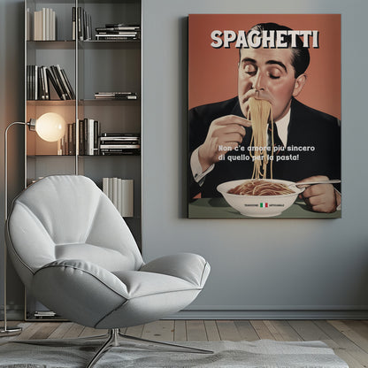 A vintage-style illustrated poster of a man in a suit with his eyes closed, blissfully eating a large mouthful of spaghetti from a white bowl. The word 'SPAGHETTI' is at the top, and Italian text is written over the bowl against a salmon-colored background. Print