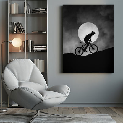 A dramatic black and white silhouette of a mountain biker riding uphill against the backdrop of a large, full moon in a cloudy night sky. Decor