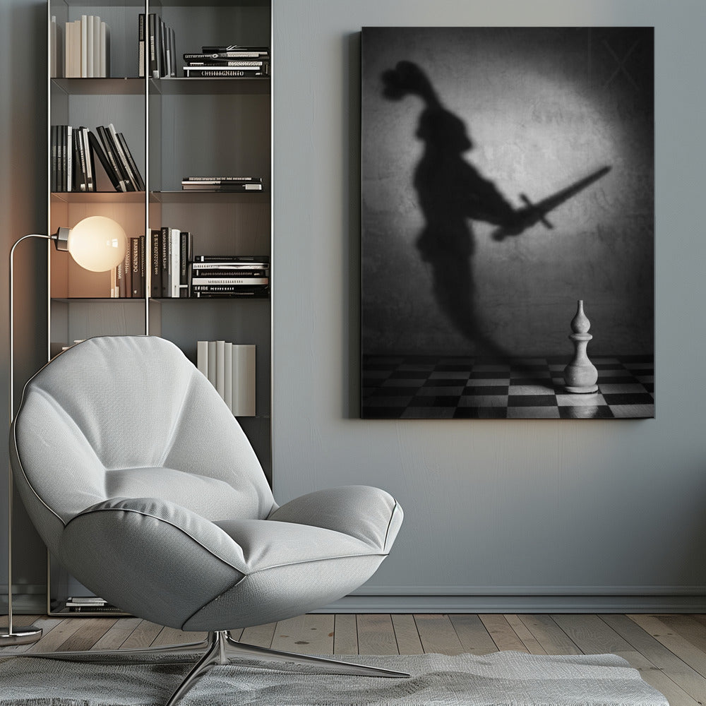 A black and white conceptual photograph of a single white chess piece on a checkerboard, casting a large, ominous shadow of a medieval knight holding a sword against a textured wall. Print