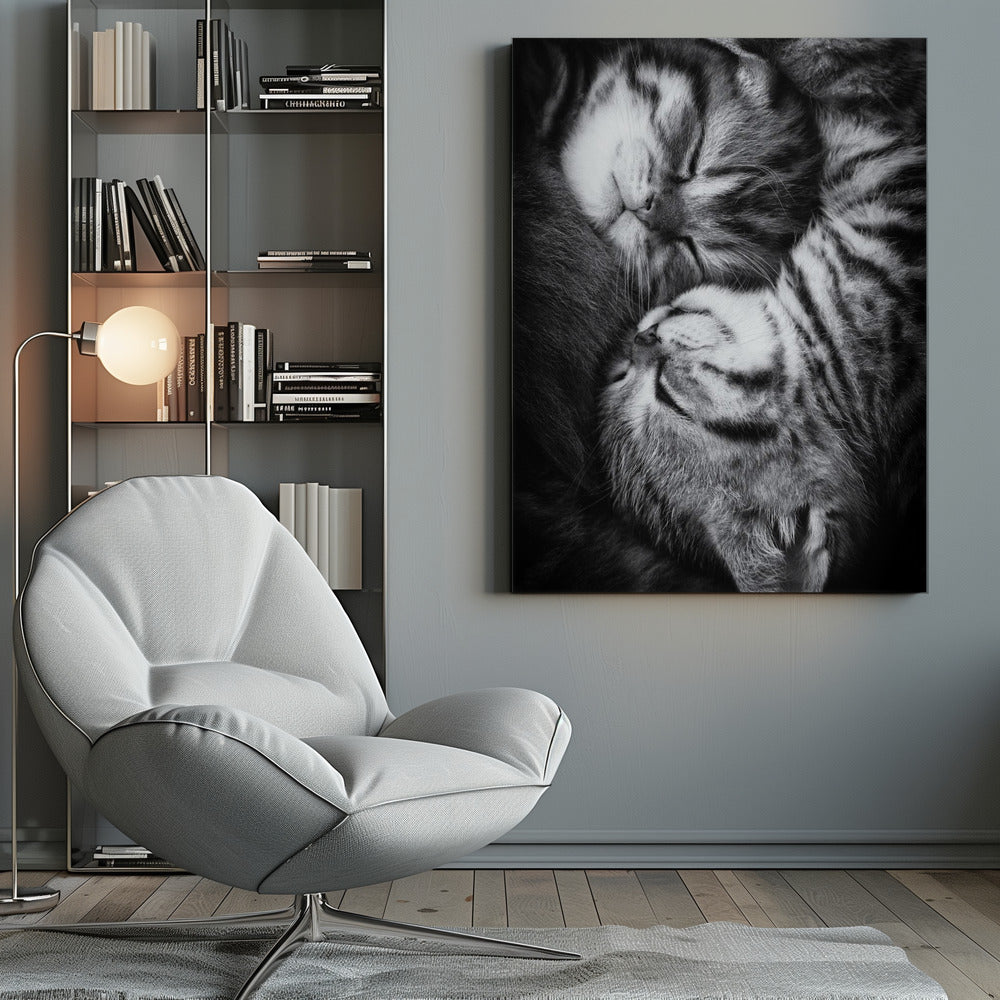 A tender black and white close-up photograph of two striped tabby kittens sleeping soundly, curled up together in a yin-yang-like position. Wall Art