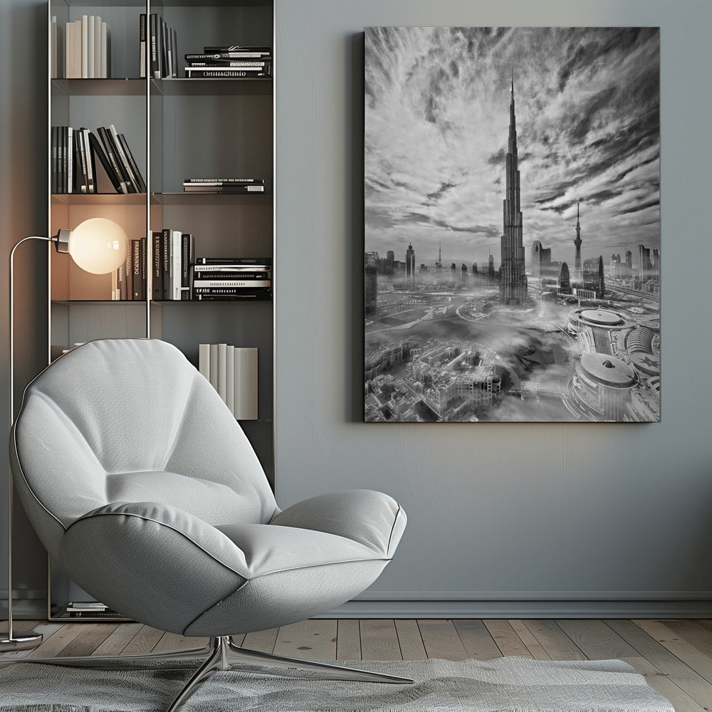 A dramatic black and white high-angle photograph of the Burj Khalifa dominating the Dubai cityscape, with swirling clouds above and a light mist surrounding the buildings below, all enclosed in a black frame. Poster