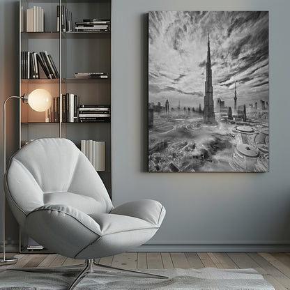 A dramatic black and white high-angle photograph of the Burj Khalifa dominating the Dubai cityscape, with swirling clouds above and a light mist surrounding the buildings below, all enclosed in a black frame. Poster