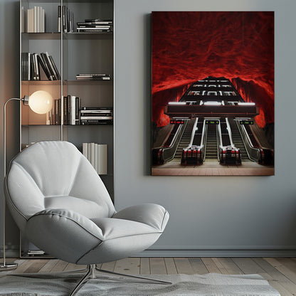 A dramatic low-angle shot looking up a series of escalators in a subway station with a cavernous, rough-textured ceiling glowing an intense, fiery red. Decor