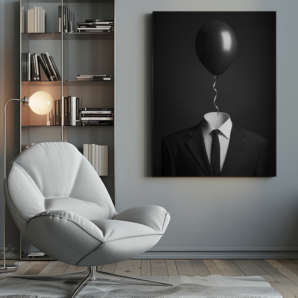 A surreal black and white photograph of a man's suit and tie with a single black balloon floating where the head should be. The curly ribbon from the balloon descends into the white shirt collar. Decor