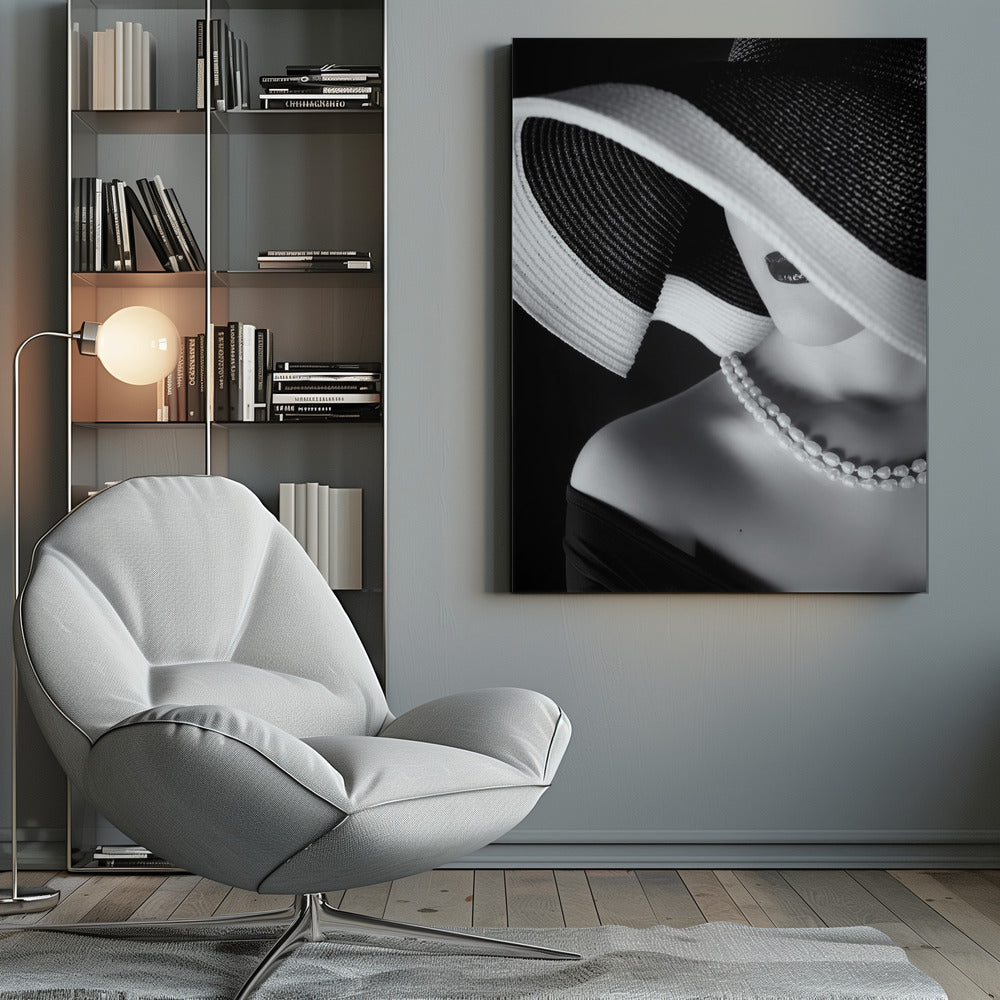 A glamorous black and white close-up photo of a woman wearing a large, striped sun hat that hides her eyes, revealing only her dark lips. She wears a pearl necklace and an off-the-shoulder top against a dark background, creating a mysterious and elegant mood. Wall Art