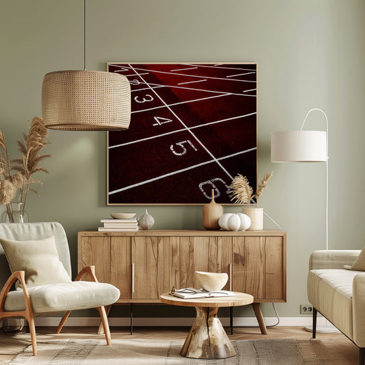 A framed, high-angle photograph of a deep red running track, showing the white lines and numbers for lanes one through six creating a grid-like pattern. Poster
