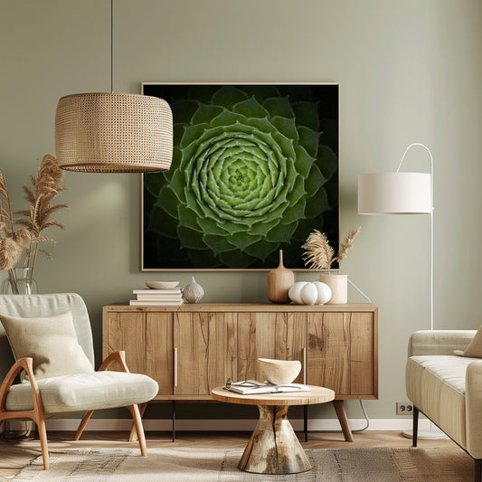 A close-up, top-down photograph of a vibrant green succulent, likely a Sempervivum, displaying a perfect spiral pattern of its fleshy, pointed leaves. The edges of each leaf are fringed with fine white hairs, and the plant is set against a dark, contrasting background, all enclosed in a light wood frame. Poster