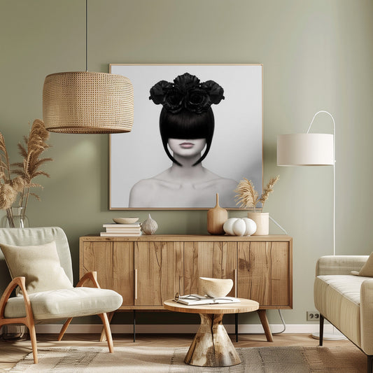 A stylized black and white portrait of a woman with a sleek black bob hairstyle where the bangs completely cover her eyes. She wears a large, elaborate headpiece made of black roses. Her expression is neutral, showing only her mouth and chin. The image is set against a plain white background and enclosed in a light wood frame. Print